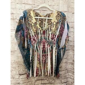 Lafiance Shirt Women's XS Multicolor Paisley Dolman Short Sleeve Stretch V Neck